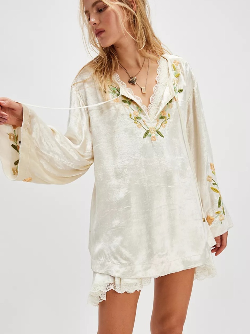 Free People Ember Embroidered Tunic Sz S Velvet Oversized Bell Sleeve Boho Top